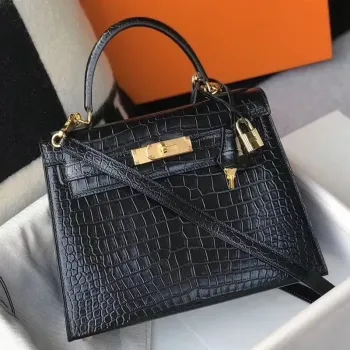 Kelly 25cm Bag In Black Embossed Crocodile