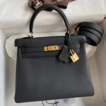 Kelly Retourne 25 Handmade Bag In Black Clemence Leather