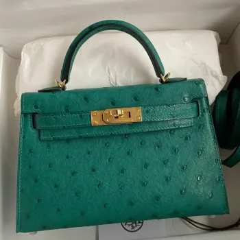 Kelly Mini II Sellier Handmade Bag In Vert Vertigo Ostrich Leather
