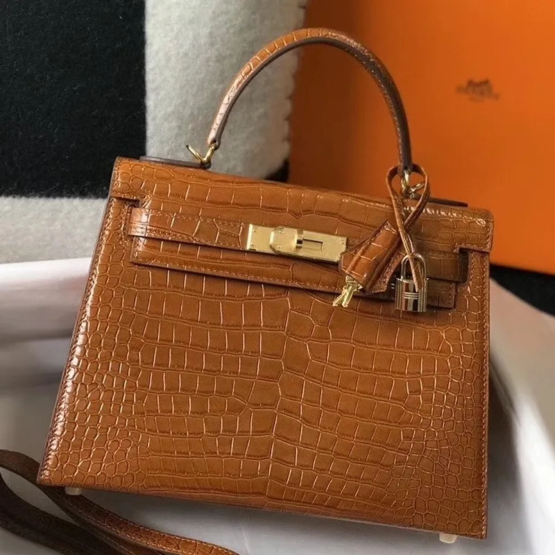 Kelly 28cm Bag In Brown Embossed Crocodile GHW