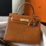 Kelly 28cm Bag In Brown Embossed Crocodile GHW