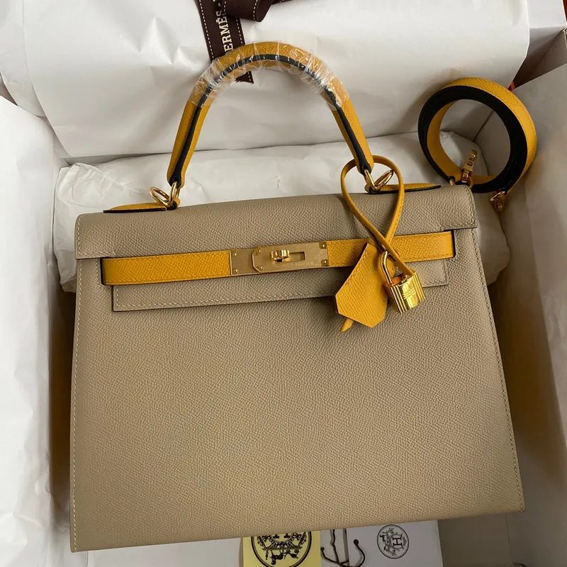 Kelly Sellier 28 Bicolor Bag in Trench and Yellow Epsom Calfskin