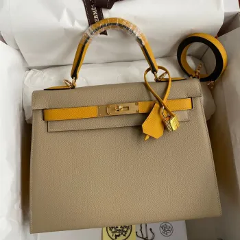 Kelly Sellier 28 Bicolor Bag in Trench and Yellow Epsom Calfskin