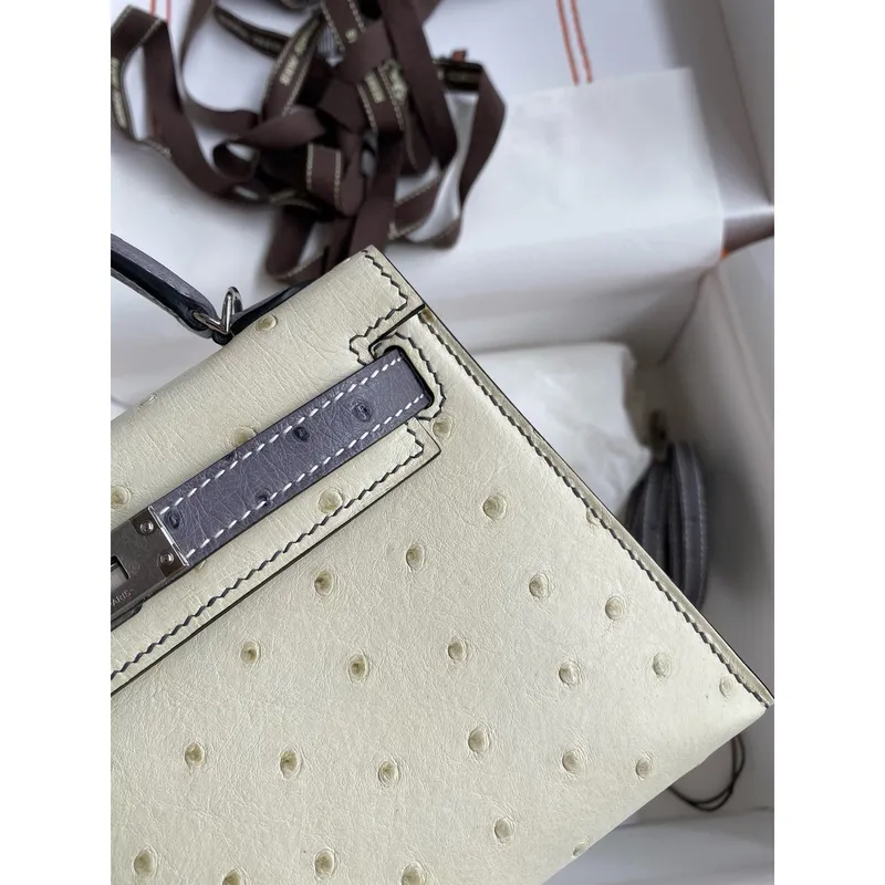 Hermes HSS Kelly Mini II Sellier Handmade Bag in Beton and Gris Agate Ostrich Leather