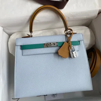 Kelly Sellier 25 Tricolor Bag in Blue/Green/SesameEpsom Calfskin
