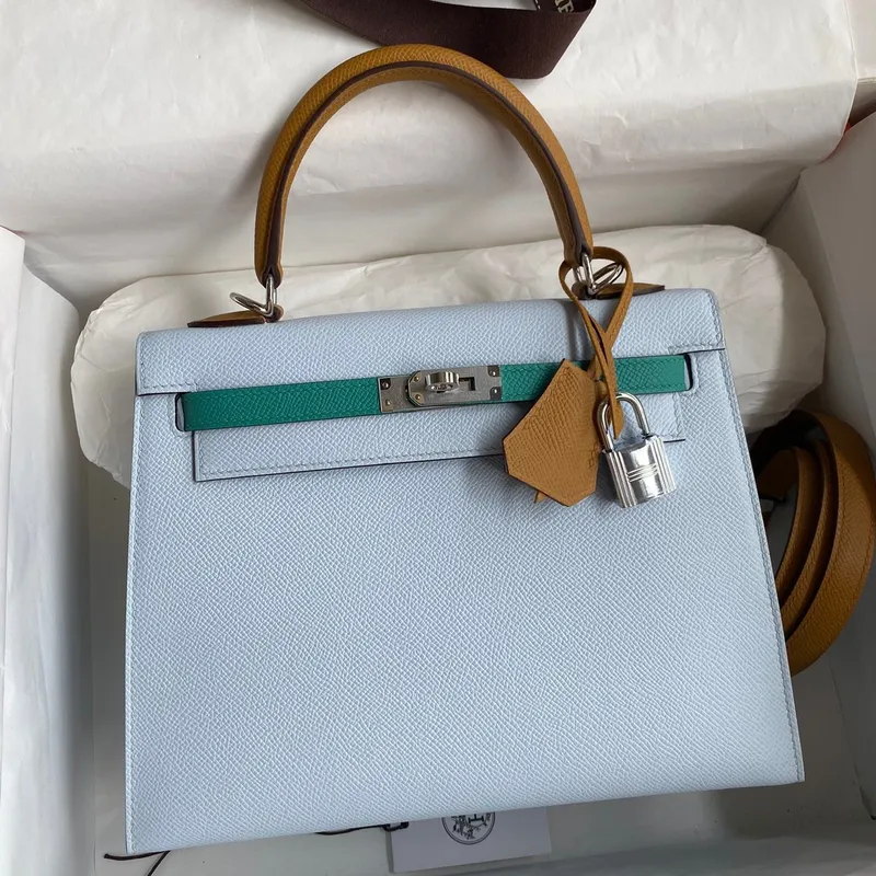 Kelly Sellier 25 Tricolor Bag in Blue/Green/SesameEpsom Calfskin