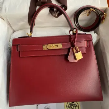 Kelly Sellier 28 Handmade Bag in Bordeaux Box Calfskin