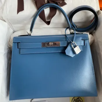 Kelly Sellier 28 Handmade Bag in Blue Jean Box Calfskin