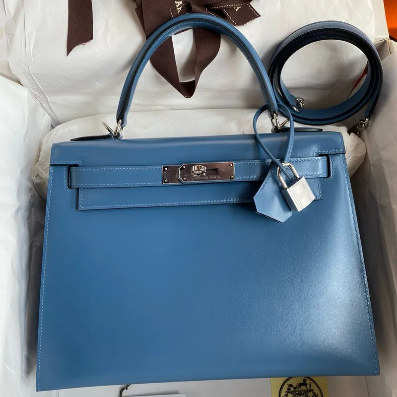 Kelly Sellier 28 Handmade Bag in Blue Jean Box Calfskin
