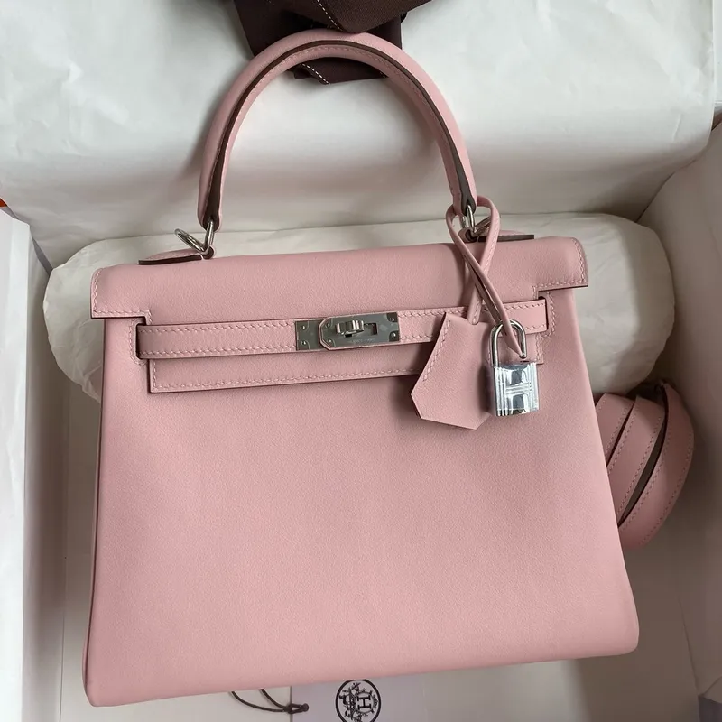 Kelly Retourne 25 Handmade Bag In Rose Sakura Swift Calfskin