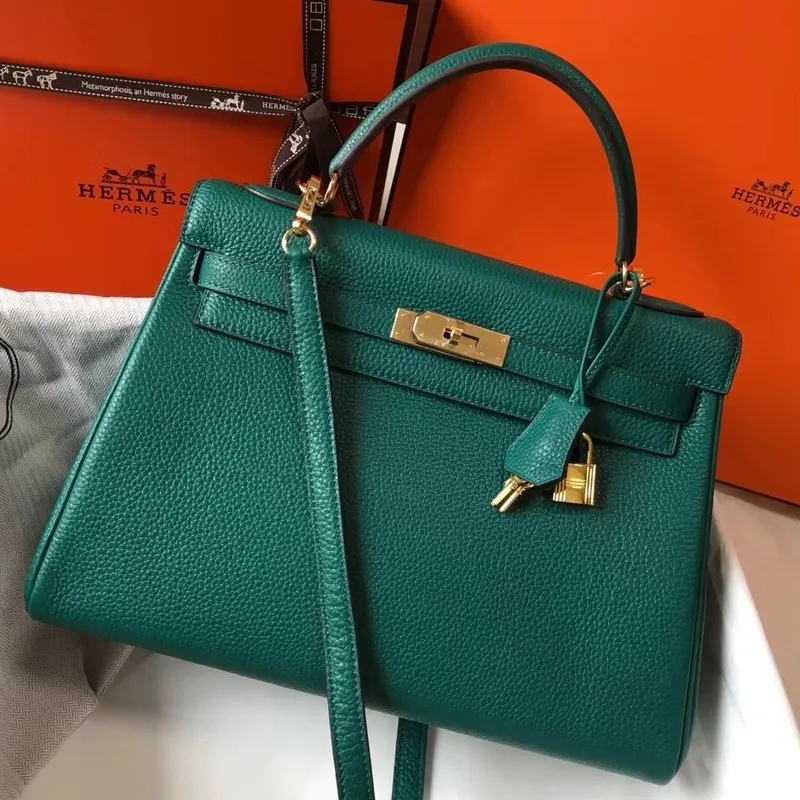 Kelly 32cm Retourne Bag In Malachite Clemence Leather