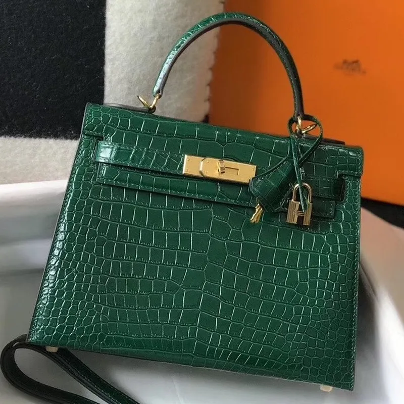 Kelly 25cm Bag In Green Embossed Crocodile