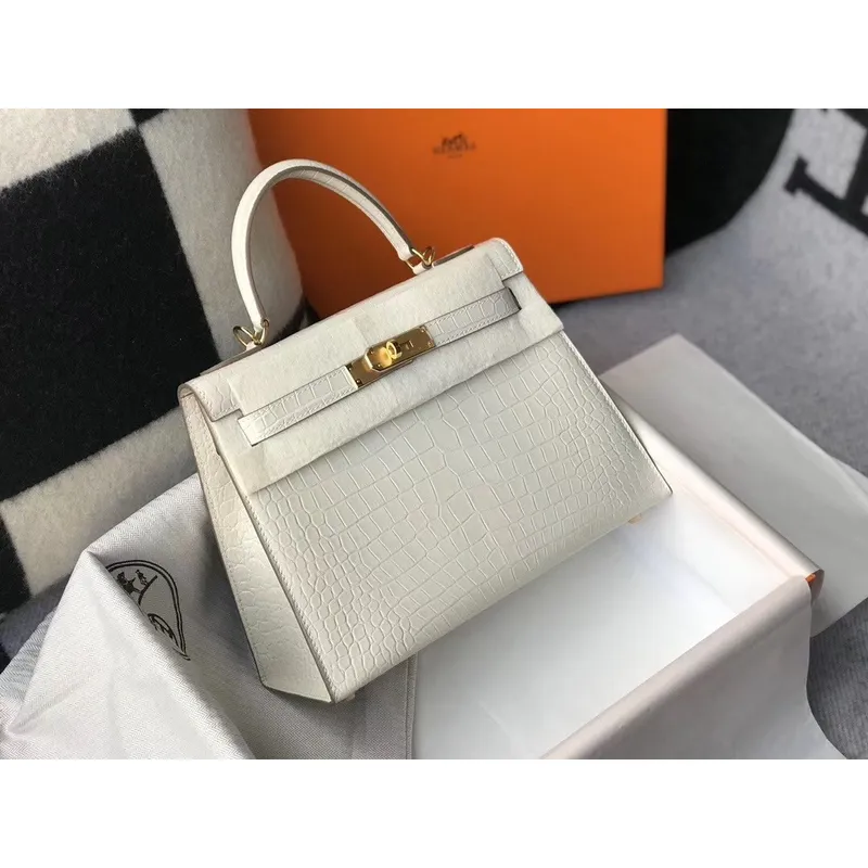 Kelly 25cm Bag In White Embossed Crocodile