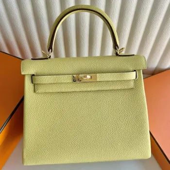 Kelly Retourne 25 Handmade Bag in Jaune Poussin Clemence Leather