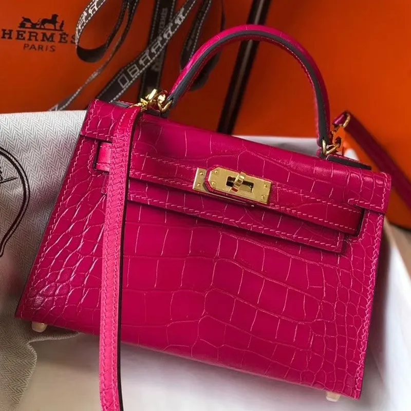 Kelly Mini II Bag In Rose Red Crocodile Embossed Leather
