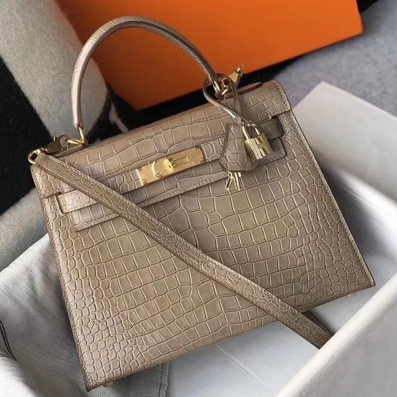 Kelly 25cm Bag In Taupe Embossed Crocodile