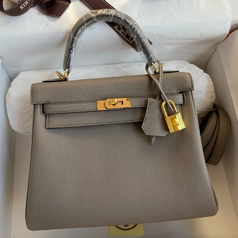 Kelly Retourne 25 Handmade Bag In Gris Meyer Clemence Leather