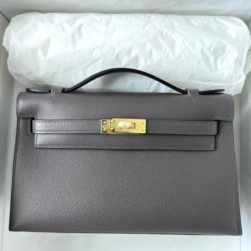 Kelly Pochette Handmade Bag In Etain Epsom Calfskin