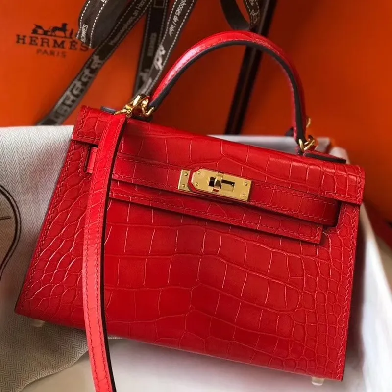 Kelly Mini II Bag In Red Crocodile Embossed Leather
