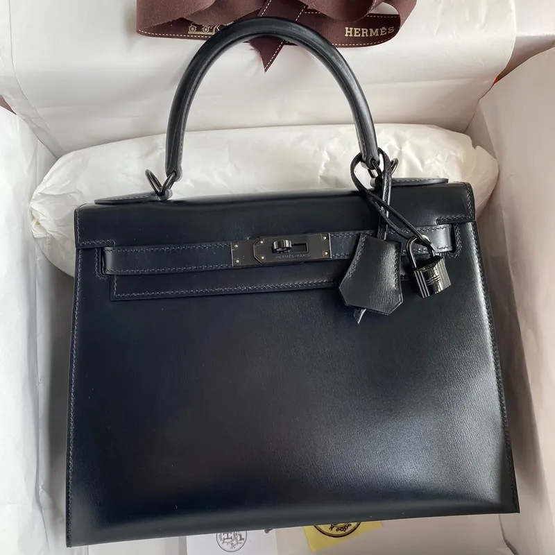 Kelly Sellier 28 Handmade Bag In Black Box Calfskin