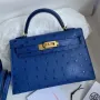 Kelly Mini II Sellier Handmade Bag in Blue Electric Ostrich Leather