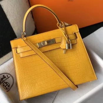 Kelly 25cm Bag In Yellow Embossed Crocodile