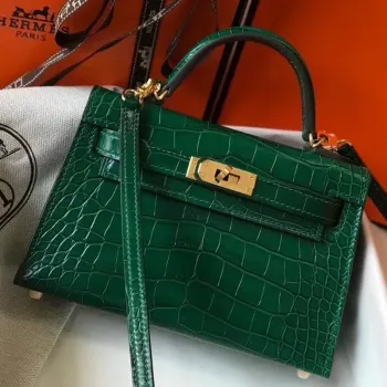 Kelly Mini II Bag In Green Crocodile Embossed Leather