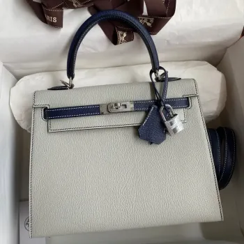 Kelly Sellier 25 Bicolor Bag in Pearl Grey and Blue Mysore Goatskin