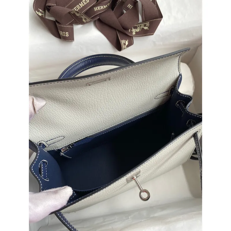 Kelly Sellier 25 Bicolor Bag in Pearl Grey and Blue Mysore Goatskin