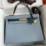 Hermes HSS Kelly 32 Bicolor Bag in Blue Lin and Blue Clemence Leather