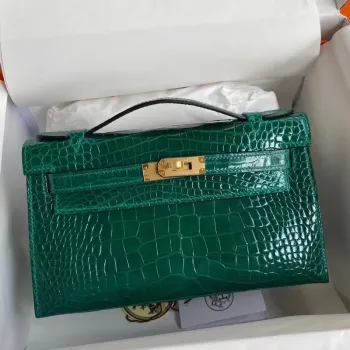 Hermes Green Shiny Alligator Crocodile Kelly Pochette Bag