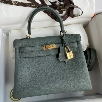 Kelly Retourne 25 Handmade Bag In Vert Amande Clemence Leather