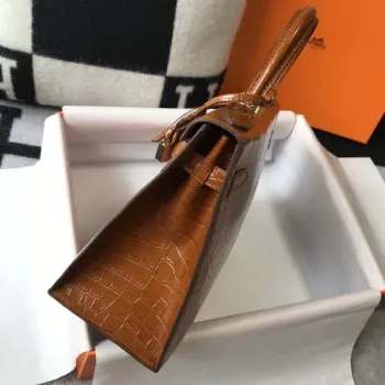 Kelly 25 cm Bag In Brown Embossed Crocodile