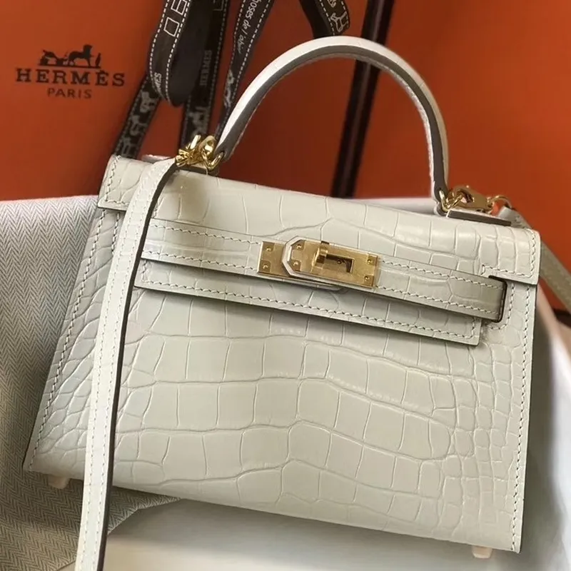 Kelly Mini II Bag In Beton Crocodile Embossed Leather