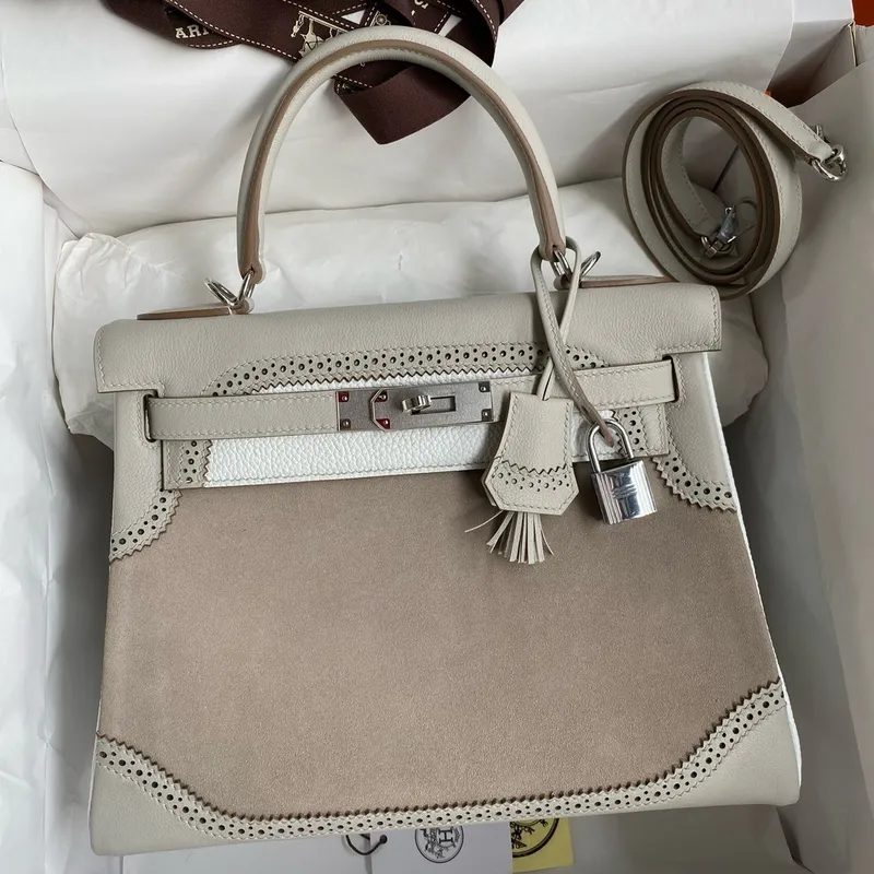 Kelly 28 Ghillies Grizzly Bag in Pearl Grey Evercolor and Grey Veau Doblis