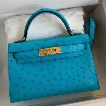 Kelly Mini II Sellier Handmade Bag in Turquoise Blue Ostrich Leather