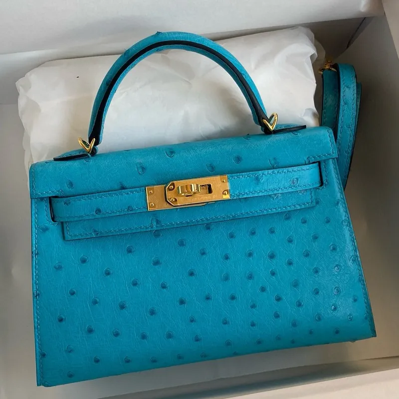 Kelly Mini II Sellier Handmade Bag in Turquoise Blue Ostrich Leather