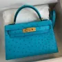 Kelly Mini II Sellier Handmade Bag in Turquoise Blue Ostrich Leather