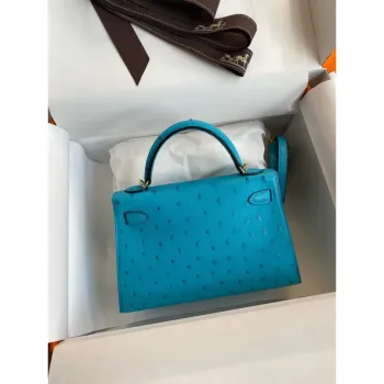 Kelly Mini II Sellier Handmade Bag in Turquoise Blue Ostrich Leather