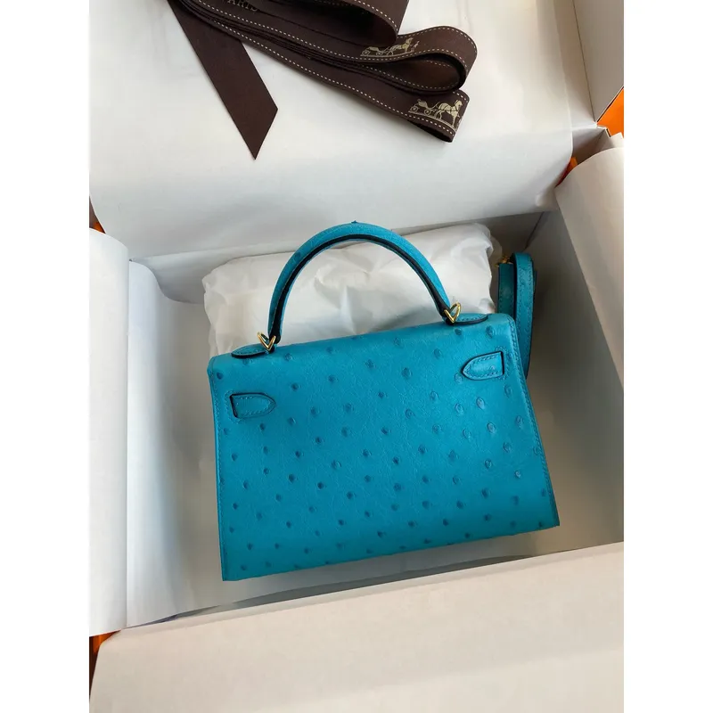Kelly Mini II Sellier Handmade Bag in Turquoise Blue Ostrich Leather