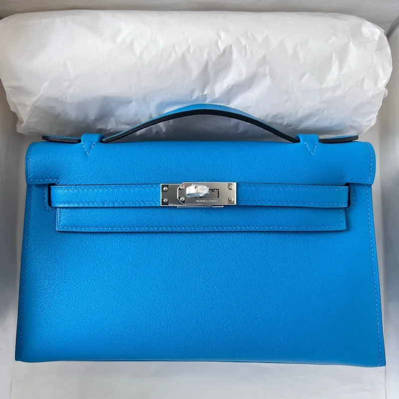 Kelly Pochette Handmade Bag In Blue Frida Swift Calfskin