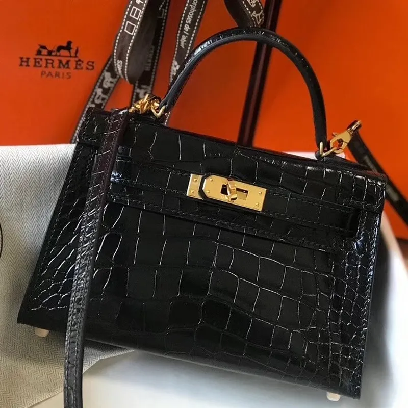Kelly Mini II Bag In Black Crocodile Embossed Leather