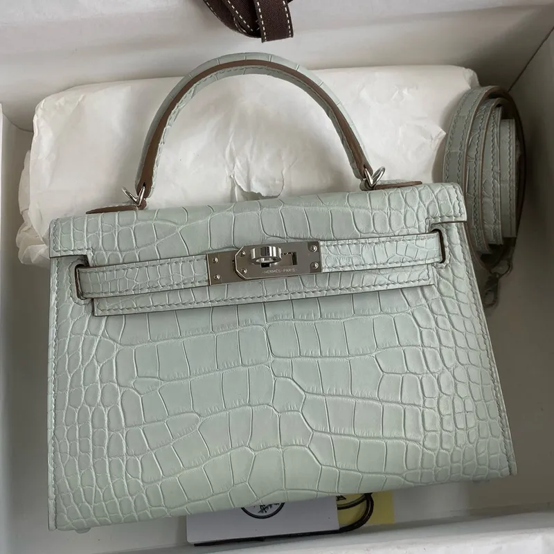 Kelly Mini II Sellier Handmade Bag In Gris Neve Matte Alligator Leather