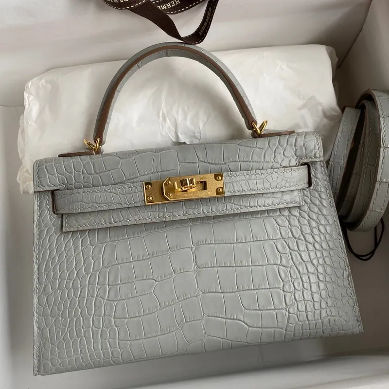 Kelly Mini II Sellier Handmade Bag In Pearl Grey Matte Alligator Leather