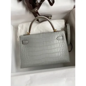 Kelly Mini II Sellier Handmade Bag In Pearl Grey Matte Alligator Leather