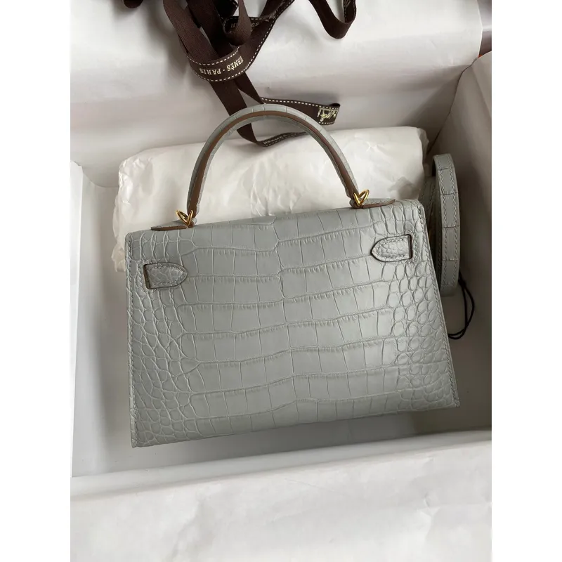 Kelly Mini II Sellier Handmade Bag In Pearl Grey Matte Alligator Leather