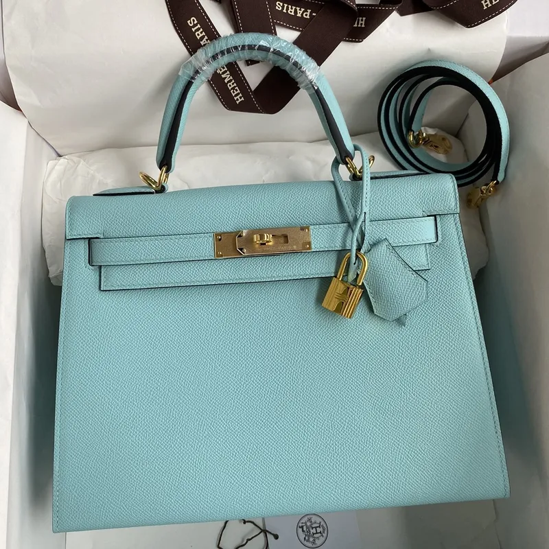 Kelly Sellier 28 Handmade Bag In Blue Atoll Epsom Calfskin