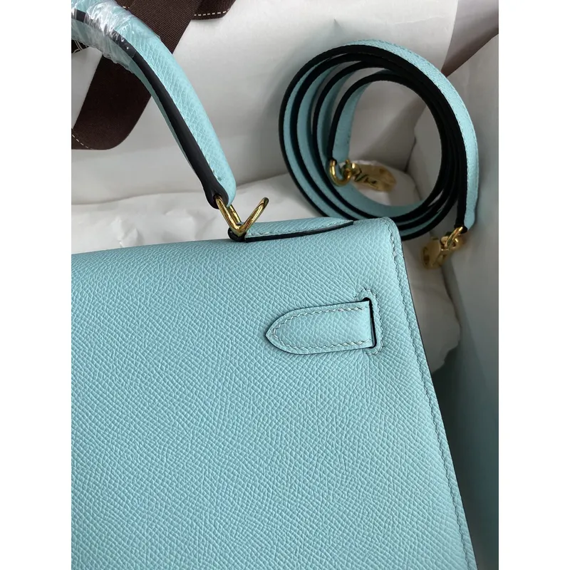 Kelly Sellier 28 Handmade Bag In Blue Atoll Epsom Calfskin