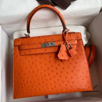 Kelly Sellier 25 Handmade Bag In Orange Ostrich Leather