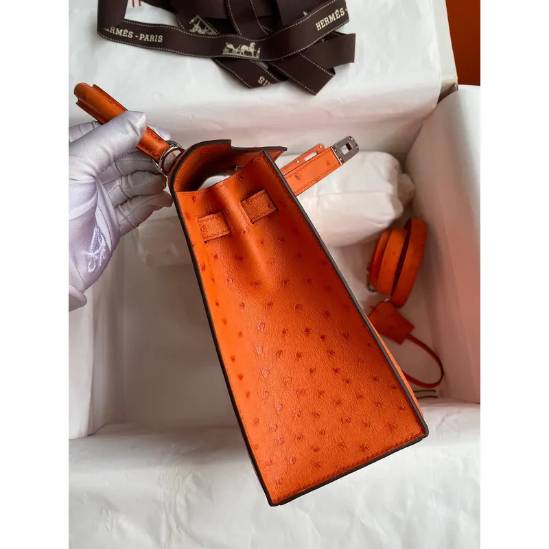 Kelly Sellier 25 Handmade Bag In Orange Ostrich Leather